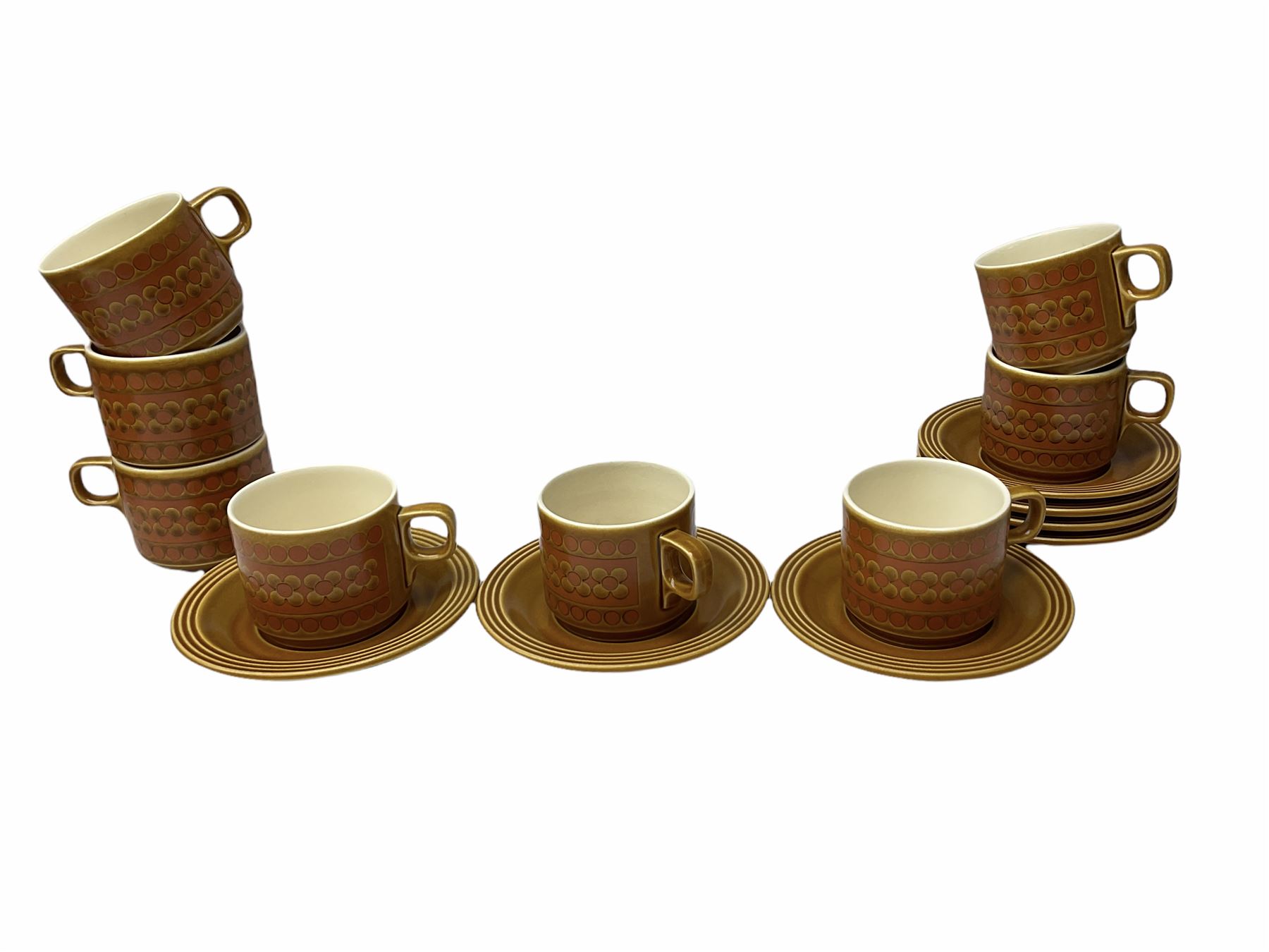 Hornsea Pottery Saffron pattern dinner and tea ware, comprising two lidded vegetable dishes, oval platter, nine dinner plates, six side plates, seven tea plates, covered tea caddy, covered coffee caddy, coffee pot, large jug, small jug, eight cups and seven saucers (45).  