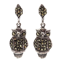  Silver marcasite owl pendant ear-rings, stamped 925  