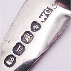 Set of twelve George III and later matched Celtic point pattern teaspoons, with bright cut engraved decoration, various hallmarks, to include a pair of William IV examples hallmarked James Beebe, London 1832, a further pair of William IV examples hallmarked William Chawner II, London 1830, approximate total weight 5.40 ozt (168.1 grams)