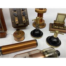 Collection of scientific and technical instruments etc including boxed 'Force on a Conductor' apparatus; vintage GPO resistance box; current deflection meter; vintage X-ray generator tube; small glass electroscope; two demonstrator solenoids; two magdeburg spheres; travelling balance scales etc; some by Philip Harris Ltd