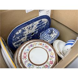 Quantity of 19th century and later ceramics, comprising Copeland Spode plate decorated with oriental birds and flowers no D7744, T. G Green Cornish ware flour sifter, blue and white, teawares, Myott, etc, brass bed warmer