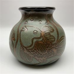 John Egerton (c1945-): studio pottery stoneware vase, decorated with fish upon a mottled blue ground, together with a wall planter decorated with fish, both signed, vase H15cm  