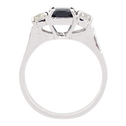 18ct white gold three stone octagonal cut sapphire and round brilliant cut diamond ring, hallmarked, sapphire approx 2.50 carat, total diamond weight approx 0.25 carat