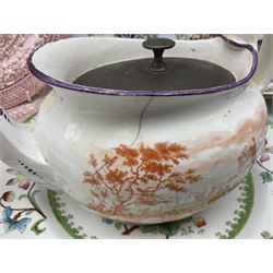 Four mid 19th century Mason's Ironstone plates decorated in the Chinese Antiquities pattern, the central circular panel decorated with footed vase with stylised motifs within a floral border, with gilt detail, pattern no. 1438, largest D26cm, together with Royal Worcester plate with floral decoration within green borders, blue and white tankard with pewter lid and teapot, teapot
