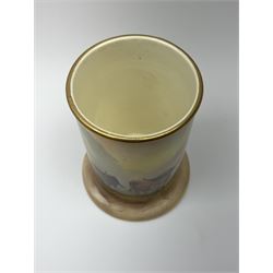 A Crown Devon Fieldings vase, of cylindrical form painted with a highland cattle scene and signed Cox, with printed marks beneath, H11.5cm