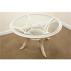  Champagne finish painted circular glass top conservatory table (D117cm, H73cm) and four (2+2) matching chairs (W54cm)  