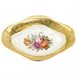 Early 19th century Derby comport of shaped oval design, the interior painted with a large spray of Spring flowers, the gilt border with a continuous band of flower heads repeated on the oval foot, red painted mark, pattern 42 L34cm