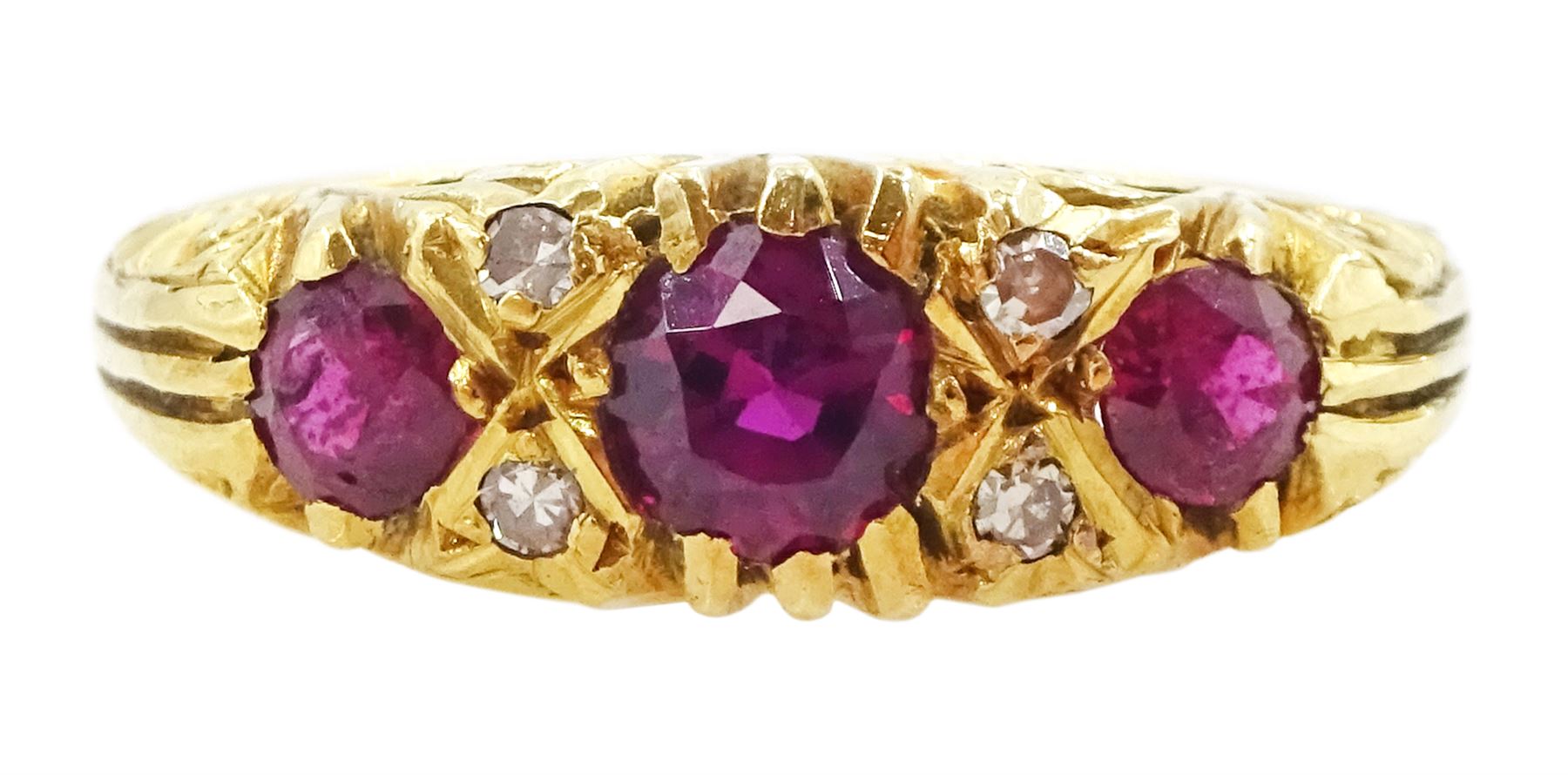 18ct gold three stone ruby and four stone single cut diamond ring, Birmingham 1966