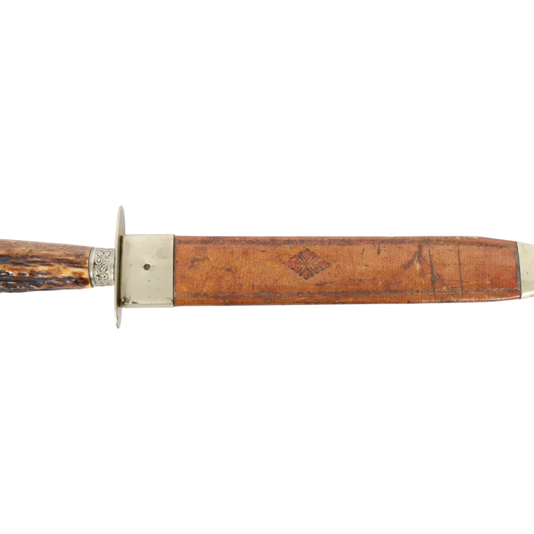 Unwin & Rodgers horn handle Bowie knife with leather scabbard, L33cm  