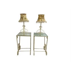 Pair cream painted scroll work wrought metal lamp tables, with inset mirror tops, together with pair matching lamps with shades