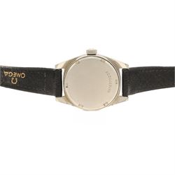 Omega ladies stainless steel manual wind wristwatch, Ref. 535.014, Cal. 630, silvered dial with baton hour markers, on black leather strap