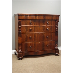  Victorian mahogany chest, figured serpentine front with frieze drawer, two short and three long graduating drawers, acanthus carved corbels and mounts, W125cm, H123cm, D56cm  