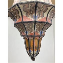 Arts and Crafts style pendant light fitting of stepped tapering form, decorated with stylised orange, brown, blue and red decoration, approx L80cm