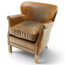 Halo - traditional tub design 'Cosy' club armchair, rolled arms with studwork terminals, upholstered in deep tan leather with loose seat cushion, on square supports