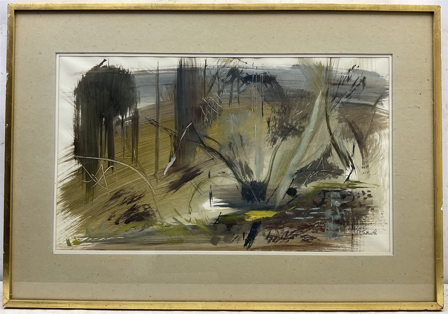 Timothy Gibbs (British 1923-2012): 'Hillside' - Abstract Landscape, mixed media on paper signed and dated '66, titled on exhibition label verso 43cm x 73cm 
Provenance: exh. Leicester Galleries, Cork Street, London September 1969, No.14, label verso