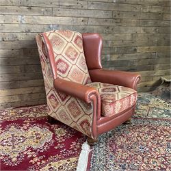Tetrad Eastwood Wingback Leather Kilim Armchairs Brown with footstool,