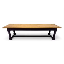 Late 20th century substantial pine refectory table, rectangular four-plank top over an indigo painted base featuring turned supports united by box stretchers