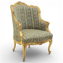 19th century French gilt armchair, green needlepoint foliate upholstery, raised on scrolled supports