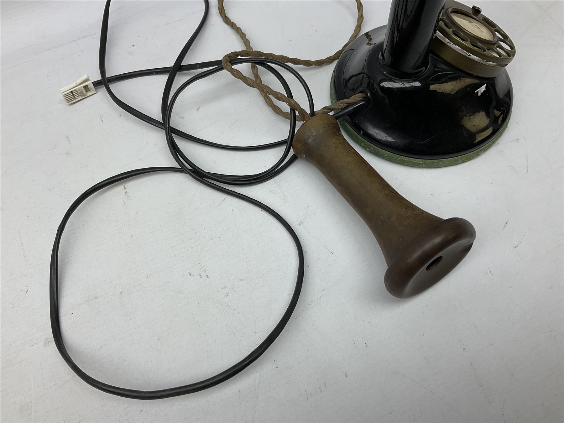 Early 20th century Danish wind up pillar telephone, together with a candlestick telephone with brass dial, wind up telephone H33cm 