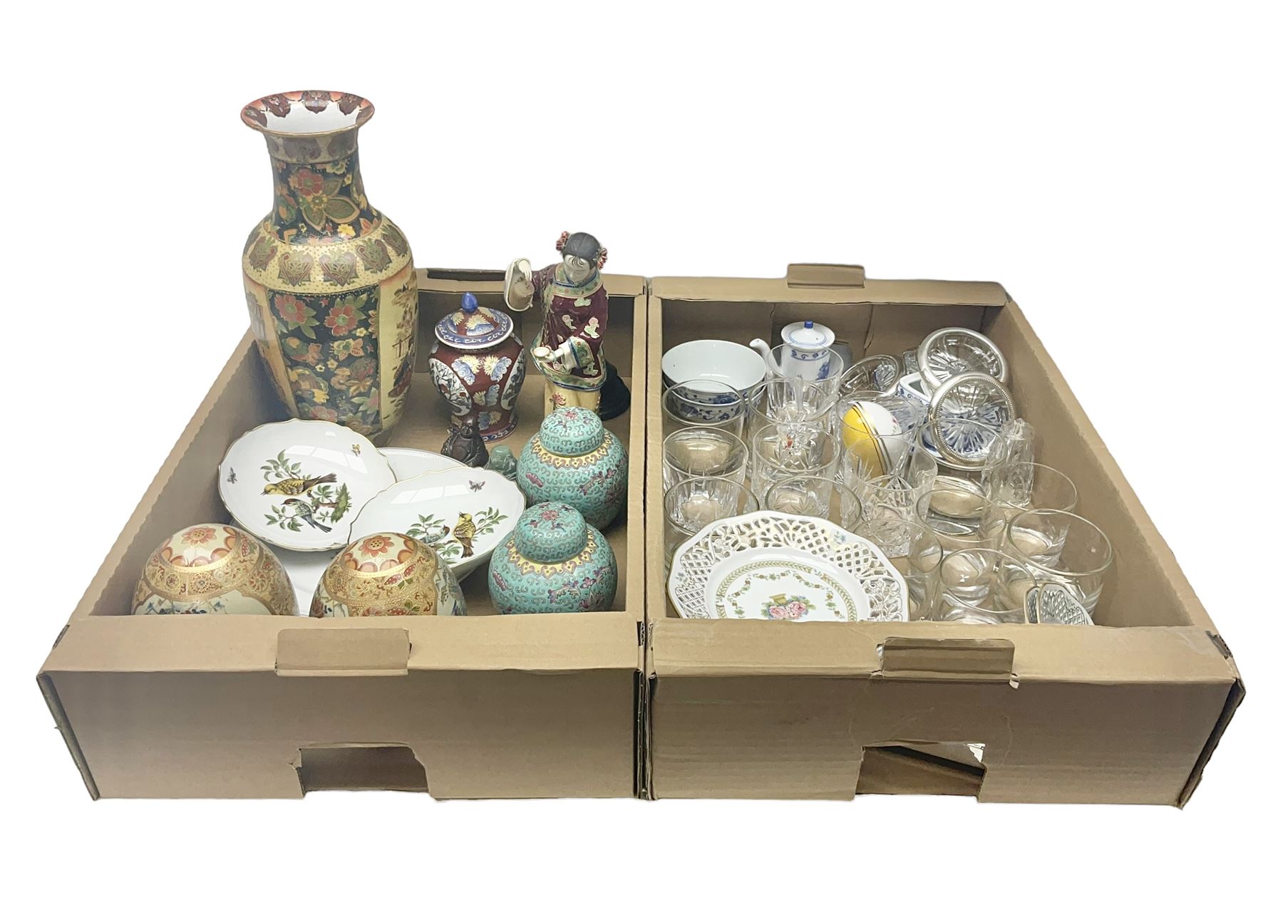 Pair of ginger jars, together with oriental figure, Kaiser plates, glassware etc, in two boxes 