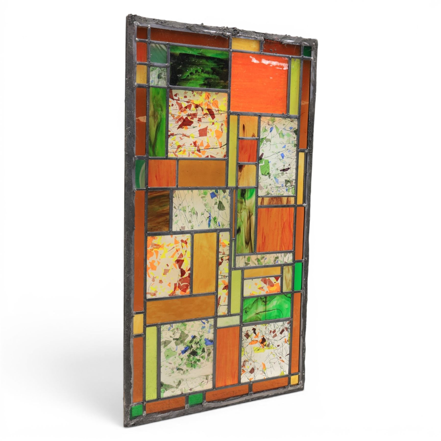 Valerie Green - 21st century stained glass and leaded panel, in green, orange and yellow colourways   