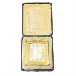 Concord & Co - Early 20th century Swiss travelling clock retailed by Asprey & Co, London in neo classical gilt metal case and outer leather travelling case No.2175694, clock size 9cm x 8cm