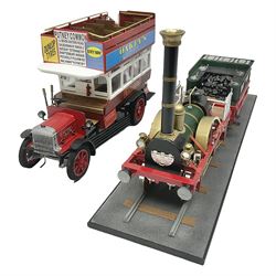 Wooden kit built model of a German Locomotive, Adler, 1:24 scale, on track base, together with a wooden kit built model of a Dennis Bus, 1:24 scale, both by OcCre, Ocio Creative, tallest H15.5cm