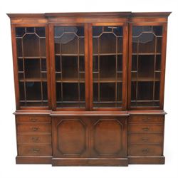 Wade Furniture - Georgian design mahogany breakfront bookcase cabinet, featuring four astragal glazed doors, above eight drawers and two cupboards, one fitted cutlery drawer