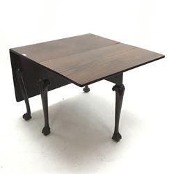 Georgian mahogany drop leaf dining table, gate leg action base, on scroll carved cabriole supports with ball and claw feet, 153cm x 99cm, H74cm