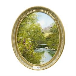 Terence 'Terry' Evans (British 1943-): Tree Covered River Landscape, pair oval oils with impasto on canvas signed 49cm x 39cm (2)
Provenance: with Newquay Galleries