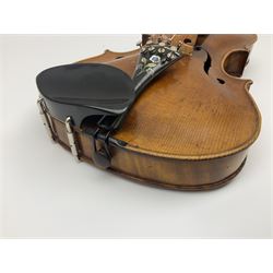 German Saxony violin c1900 with 35.5cm two-piece medium grain maple back and ribs and medium grain spruce top; bears label 'Jacobus Stainer in Absam prope Oenipontum 17xx Made in Germany', 59.5cm overall; with modern bow (2)