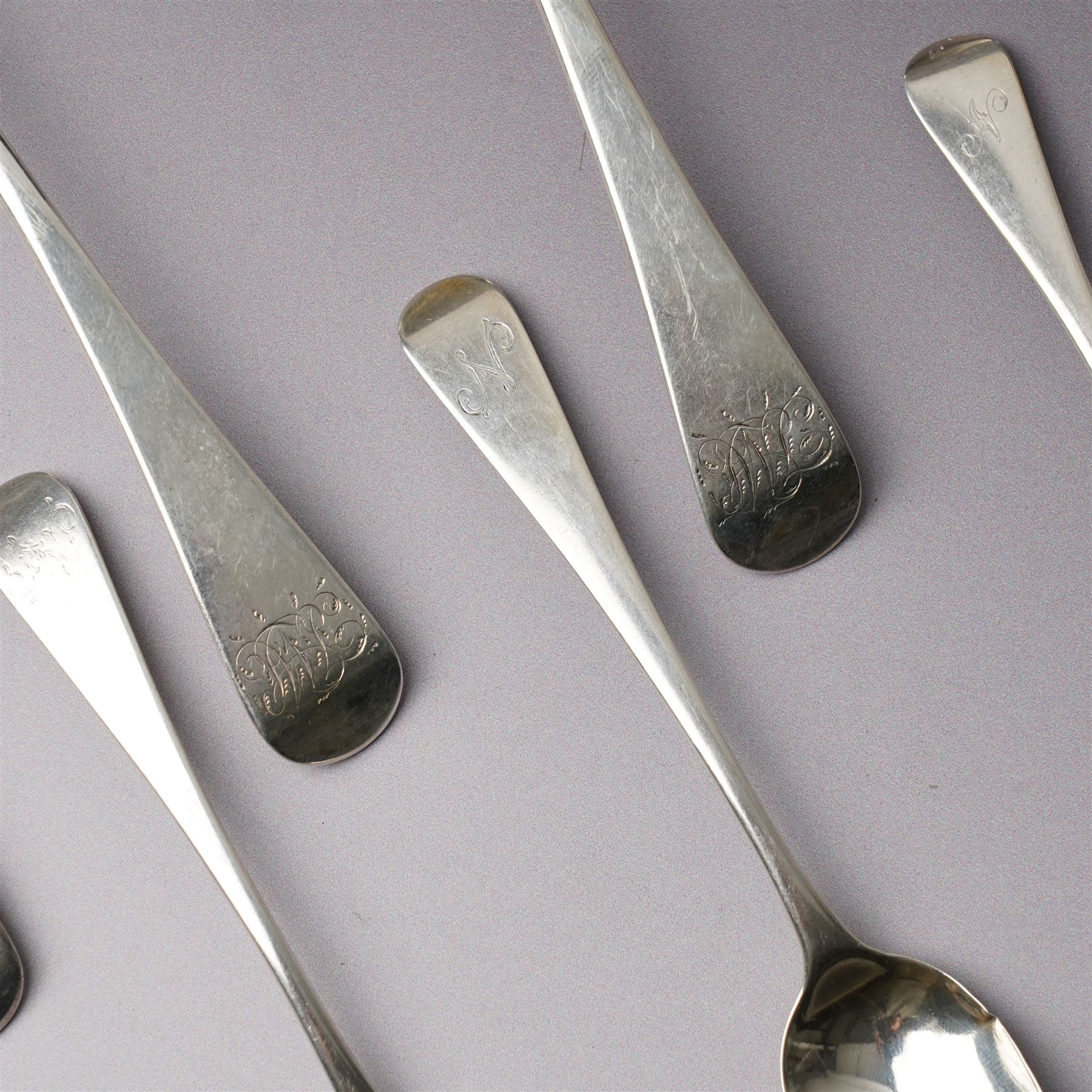 Pair of George III silver sauce ladles London 1799 Maker Richard Crossley, six various George III and Victoria silver dessert spoons, assorted tea spoons etc
