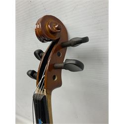 Three Stentor Student violins - three-quarter size with 33cm two-piece back; and two quarter size each with 28cm two-piece back; each in carrying case with bow (3)