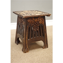  Arts & Crafts stained beech occasional table, hinged top revealing storage carved with berries and foliage, tapered pierced base, 34cm x 34cm, H43cm  
