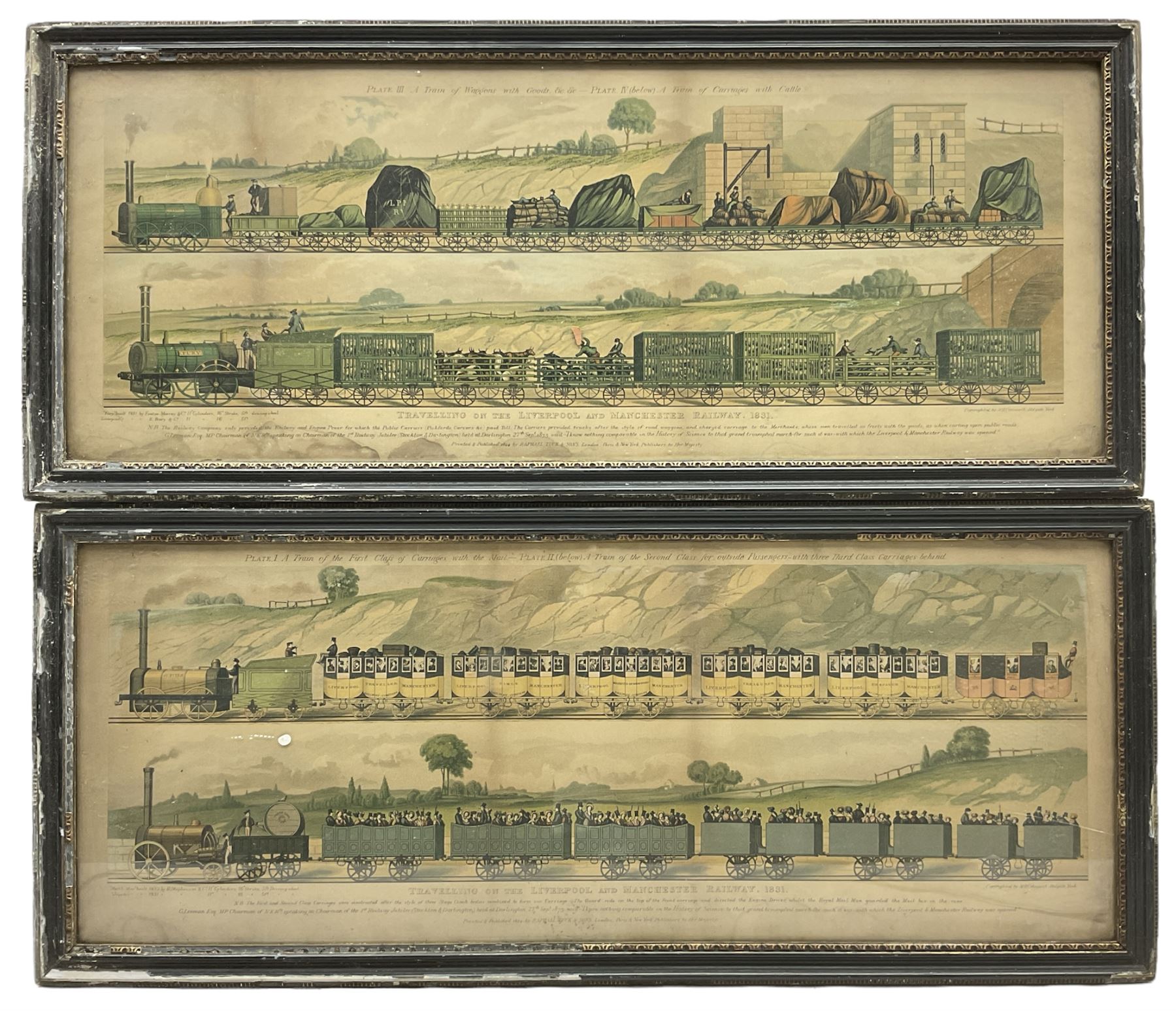 After Moses Bruin Cotsworth (British 1859–1943): 'Travelling on the Liverpool and Manchester Railway - 1831' Plates I & III, pair colour lithographs pub. Raphael Tuck & Sons 1894, 24cm x 62cm