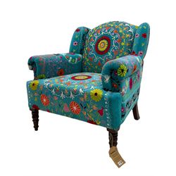 Myakka Victorian style club armchair, upholstered in crazy daisy turquoise fabric 