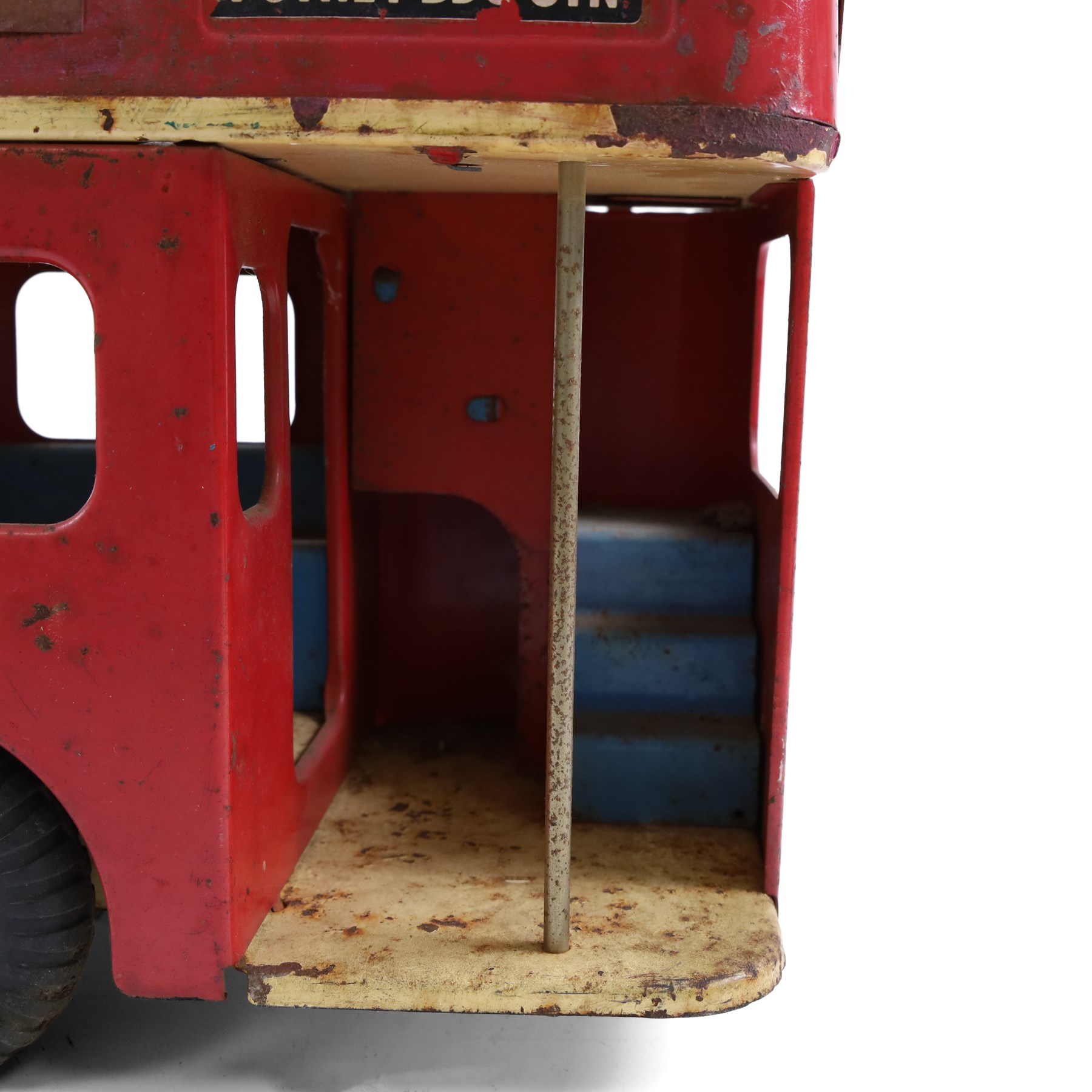 Tri-ang pressed steel pull-along London Transport Routemaster Double-Decker Bus, LIB4242, Route no.93 with destinations Wimbledon, Morden and Putney BDG Station, with red London Transport livery, blue interior, with pull cord and bell, H32cm, L57cm