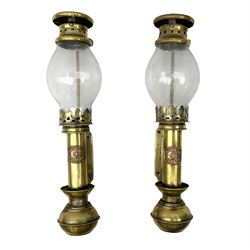 Pair of 20th century brass carriage lamps, with bulbous glass shades and copper labels 'White Star Liverpool', H34cm