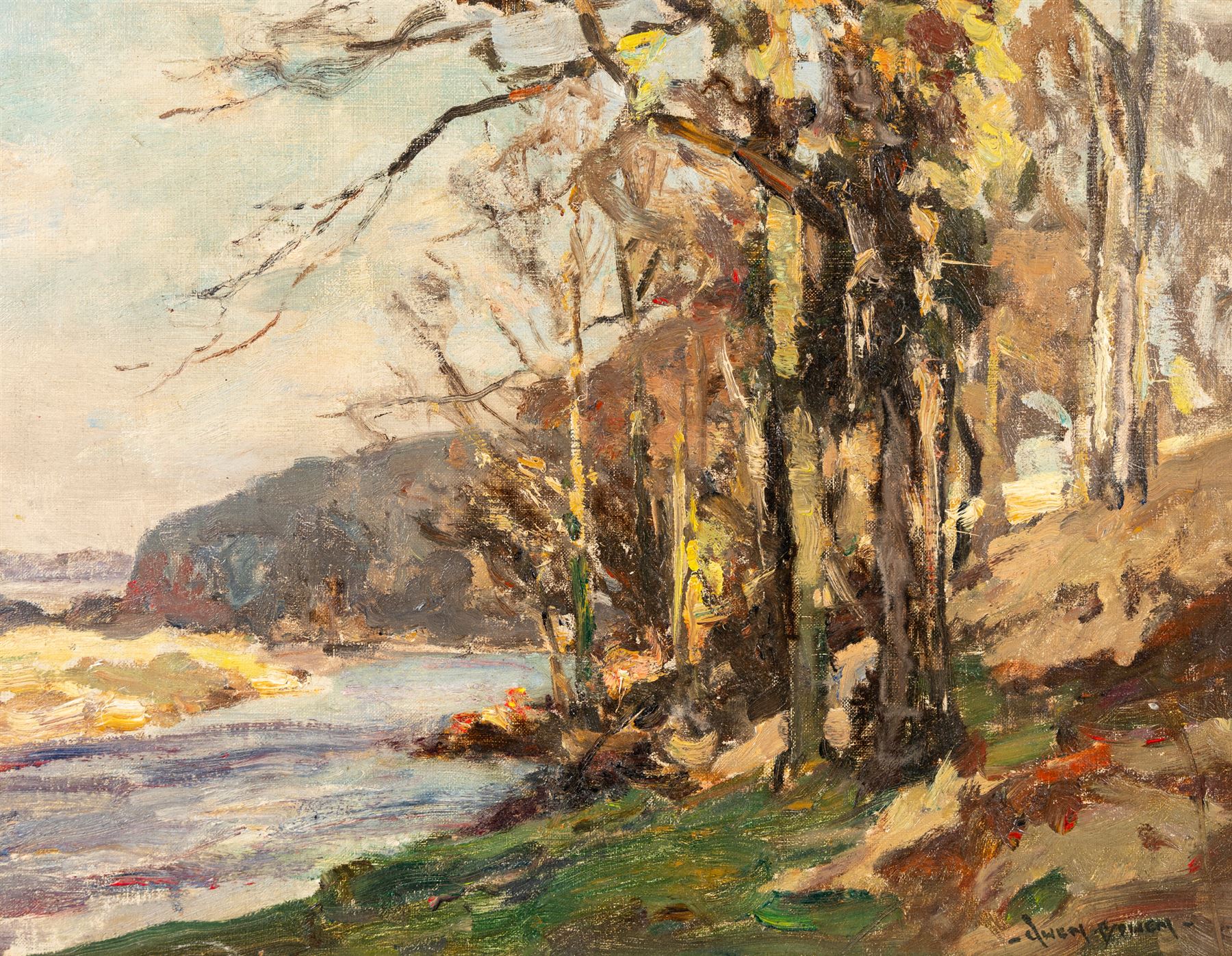 Owen Bowen (Staithes Group 1873-1967): Yorkshire River Landscape, oil on canvas signed 34cm x 44cm