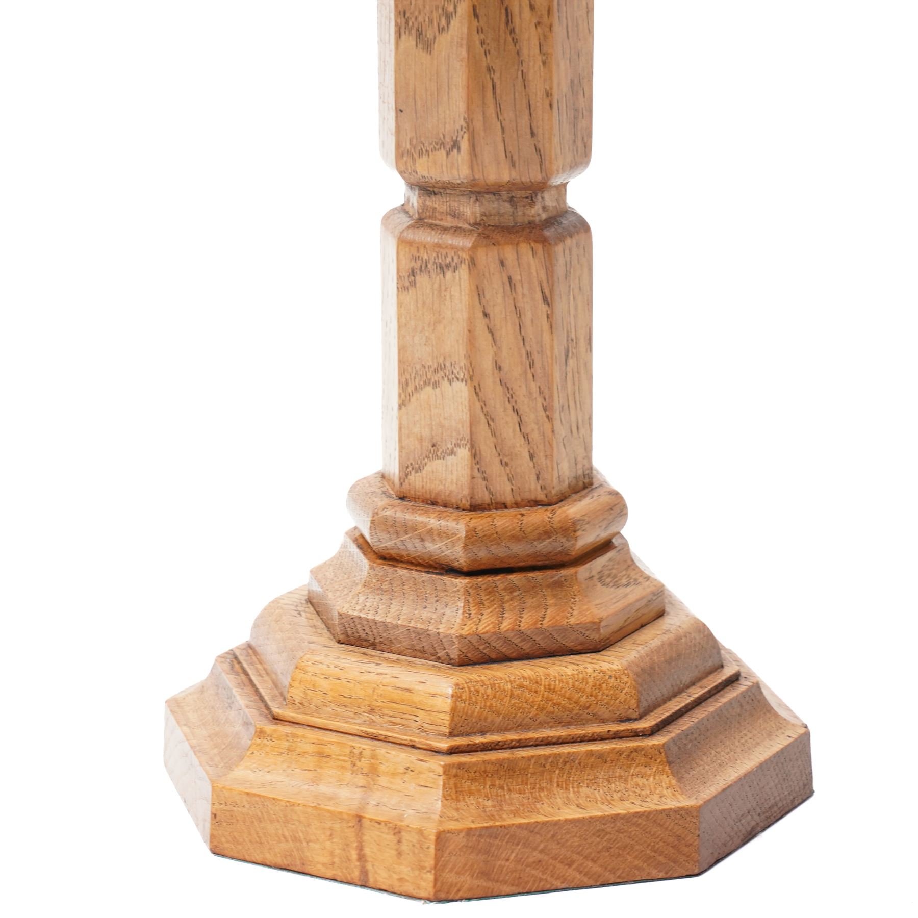 Near pair of Yorkshire oak table lamps of panel sided design on stepped hexagonal bases, taller 31.5cm excluding fitting