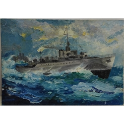  Allanson Hick (British 1898-1975): 'Sketches from Hull Corporation Pier', pencil signed titled and dated 'Sat. Afternoon Oct. 31st 1936', 24cm x 16.5cm Destroyer at sea, oil on board signed C H Barnett 17.5cm x 25cm (2)  