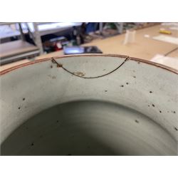 17th century Transitional period Chinese Wucai vase and cover, of baluster form, the body painted with ladies upon a terrace, and figures upon horseback and attendants within a fenced garden, the domed cover with knop finial painted with boys at play, H37cm
