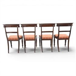 Set of eight 20th century solid rosewood dining chairs, upholstered drop in seats, on oak stretchers, made by Gott's of Pickering and T Feetam of Hull, stamped on all chairs, seat height 47cm