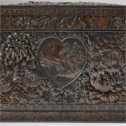 Japanese Meiji period bronze playing card box, decorated with intricate repoussé floral motifs, marked to base