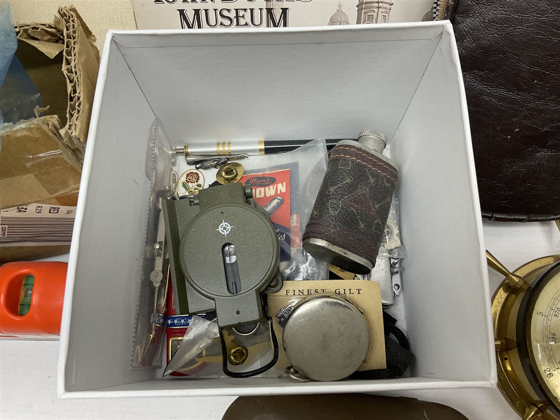 W. Marshall (20th century) - Town Dock Hull; watercolour; gilt frame; two Amy Johnson enamelled brooches as aircraft and Amy Johnson medallion; and quantity of books and booklets of Hull interest