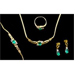 9ct gold diamond and green stone set necklace, bracelet, earrings and ring en-suite, stamped or hallmarked