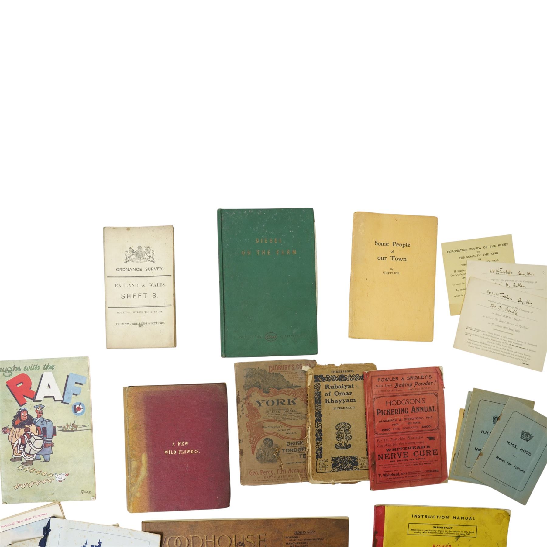 1958 Instruction Manual for Land Rover Series II 88 and 109, Victorian volume 'A Few Wild Flowers' with pressed leaves and descriptions, Hodgson's Pickering Annual 1913, 'Some People of our Town' by Spectator 1943, pub. Malton Gazette, early catalogue for Woodhouse Furniture etc