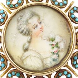 19th century gold turquoise portrait brooch / pendant, set with a circular portrait of a woman in 18th century dress on ivory, under a glazed panel, within an alternating surround of turquoise set hoops and gold spokes. This lot has been registered for sale under Section 10 of the APHA Ivory Act
