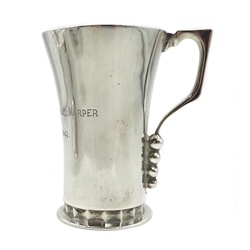 Silver Art Deco christening mug, engraved decoration by Stower & Wragg Ltd, Sheffield 1939, silver scalloped design, pedestal bon bon dish by Mappin & Webb, Sheffield 1956 and a silver small dish by William Comyns & Sons Ltd, approx 9.5oz