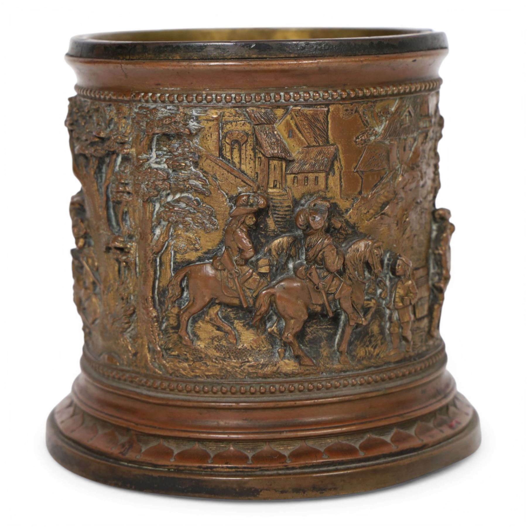T & E of Paris, gilt bronzed white metal circular jar, decorated with high relief scenes after Tenniers, impressed mark beneath, H11cm